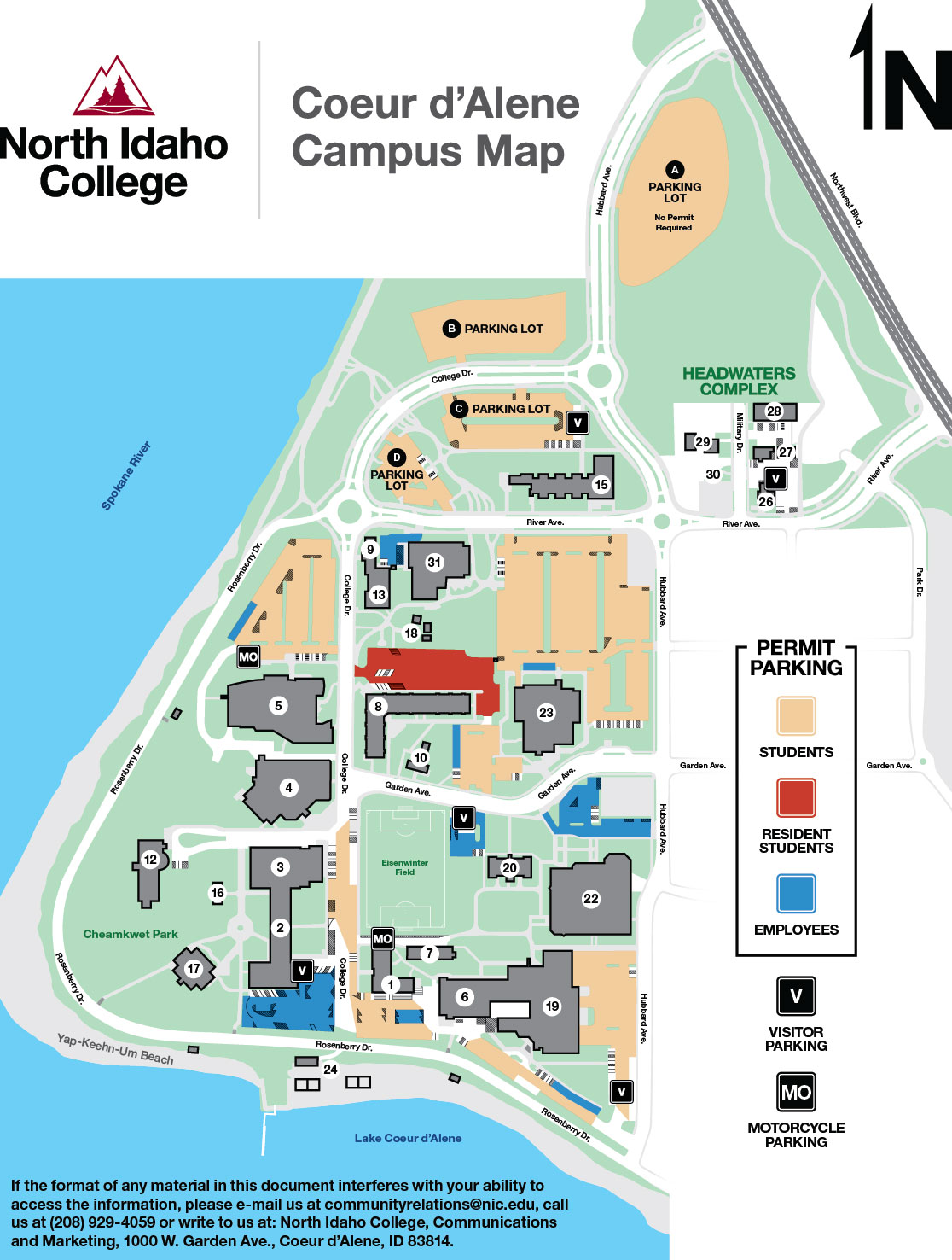 Map of North Idaho College Coeur d’Alene campus showing building numbers, parking zones, and nearby lake and river.